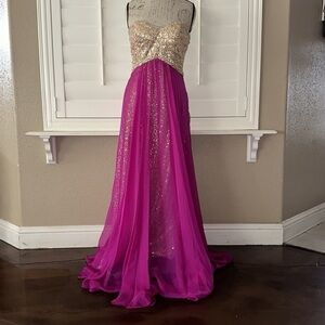 La Femme Magenta Paradise Embellished Layered-Skirt Sweetheart Gown
